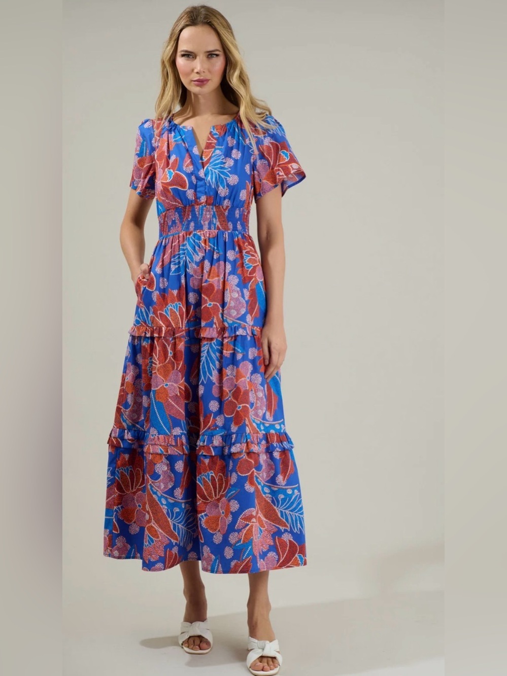 Sugarlips Amazonia Palmer Blue Floral Cotton Tiered Maxi Dress XS - Picture 2 of 12